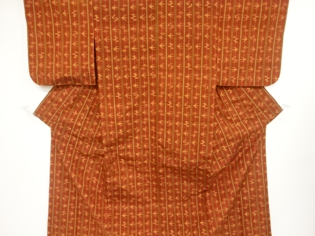 縞に絣柄織出し手織り紬単衣着物